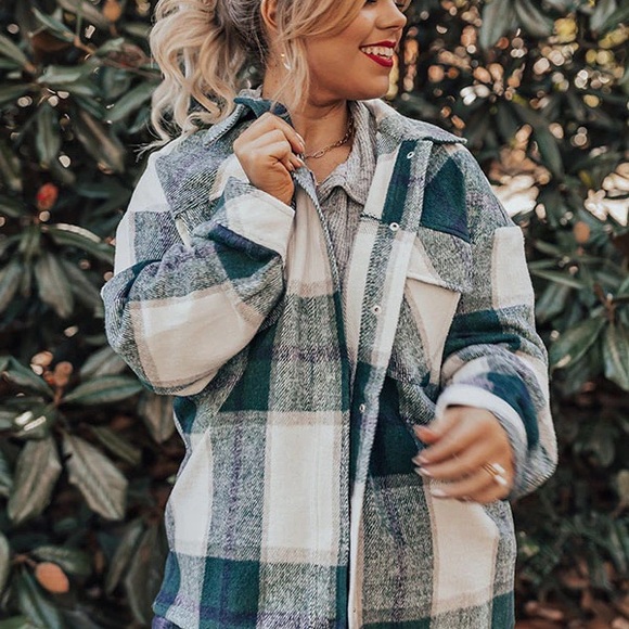 Plaids shacket women oversized jacket cardigan button front - Picture 4 of 6
